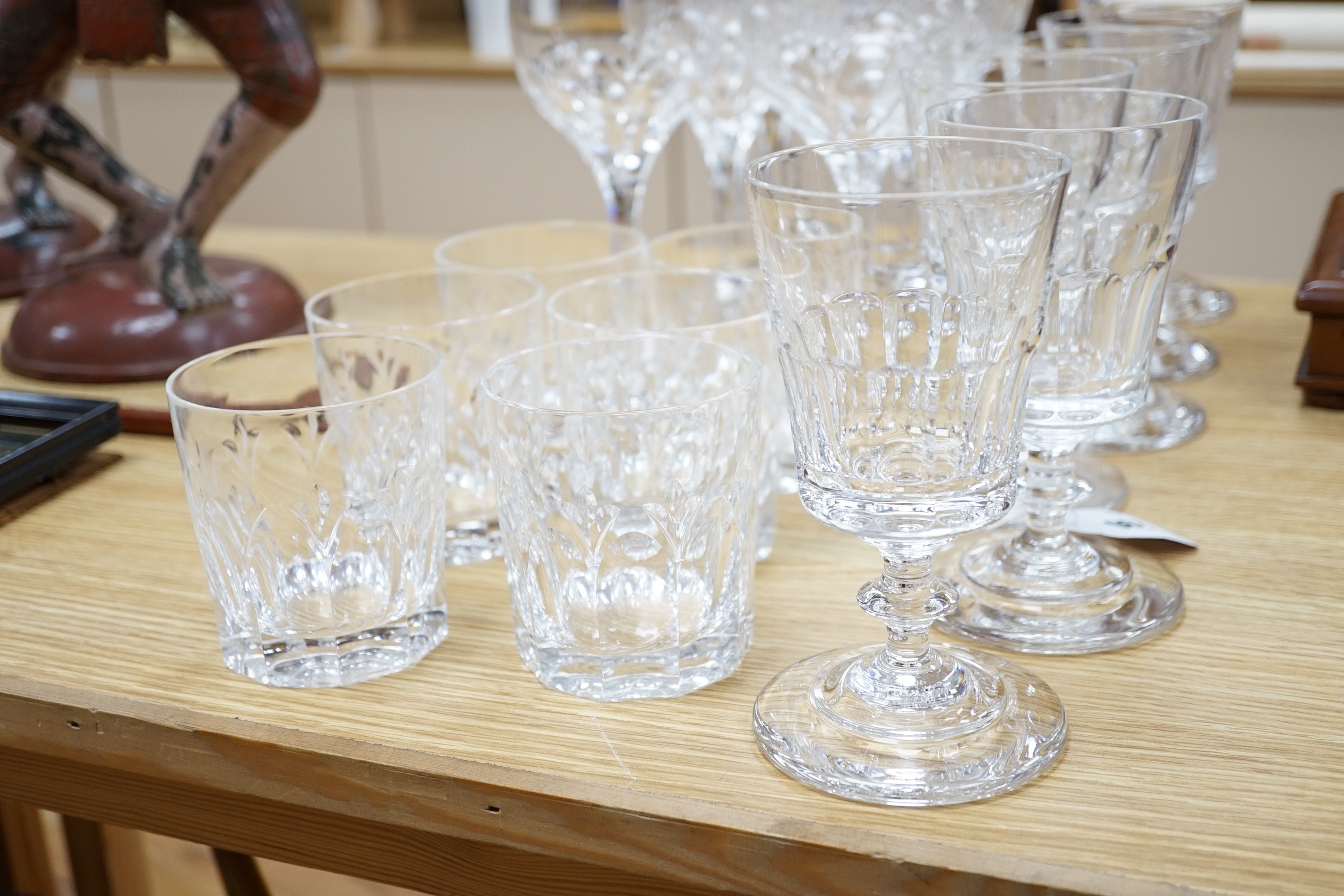 Six 'Willian Yeoward' wine goblets with 'bucket' bowls together with six other tall wines and six matching tumblers (18)